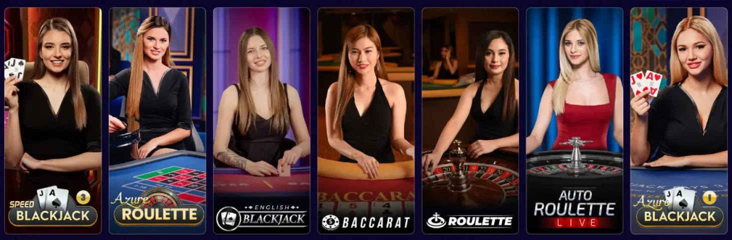 wybór gier casino live z krupierami blackjack roulette i baccarat kafelki z grami casino live z krupierkami, widoczne tytuły speed blackjack, azure roulette, english blackjack, baccarat, roulette, auto roulette live oraz azure blackjack
